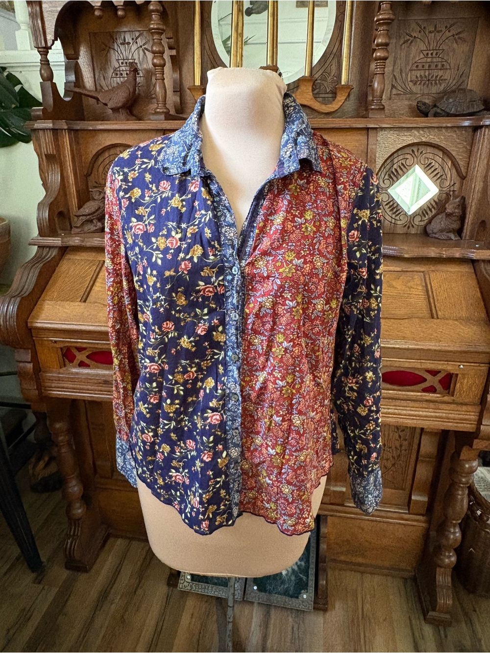 Cino patchwork boho floral cotton button up shirt